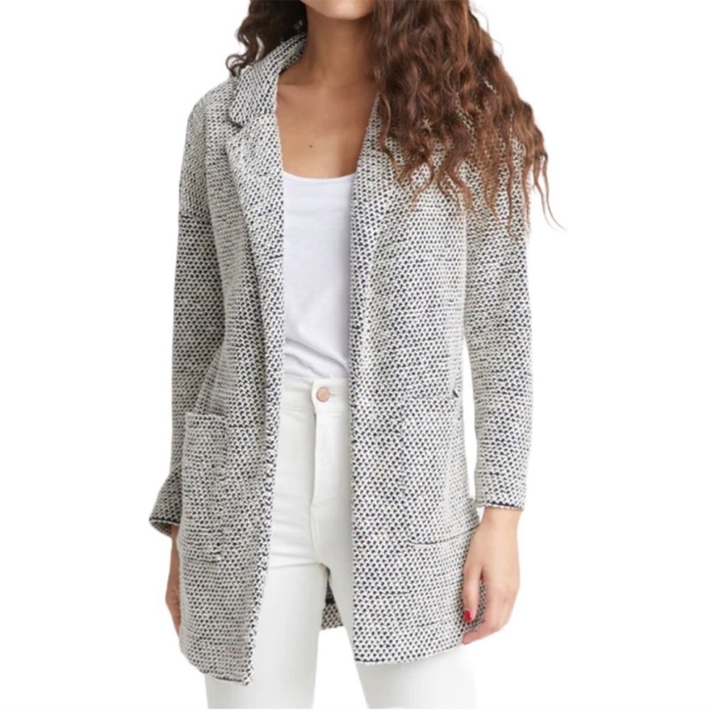 Marine Layer Birdseye Collared Open Front Knit Cardigan White/Black Size Small